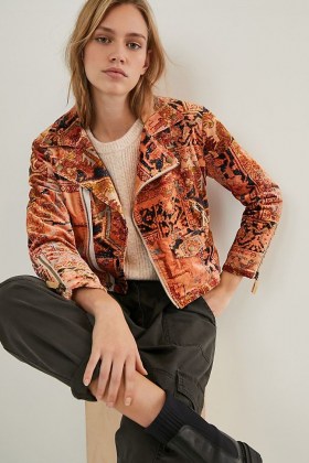 ANTHROPOLOGIE Tapestry Cropped Velvet Moto Jacket ~ fabric biker jackets - flipped