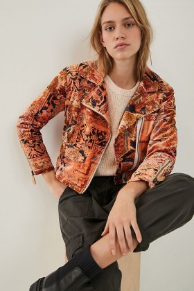 ANTHROPOLOGIE Tapestry Cropped Velvet Moto Jacket ~ fabric biker jackets
