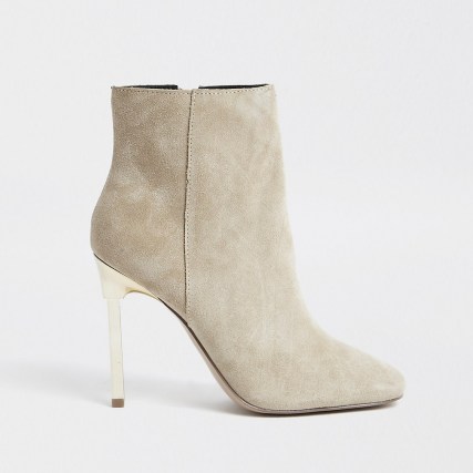 RIVER ISLAND Beige suede skinny heel ankle boots - flipped