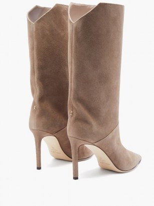 JIMMY CHOO Beren 85 suede boots ~ beige cut-out back stiletto boots - flipped