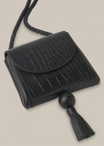 WHISTLES ARDEN CROC TASSEL BAG / small black leather crocodile effect bags / crossbody - flipped
