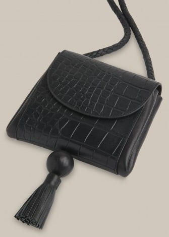 WHISTLES ARDEN CROC TASSEL BAG / small black leather crocodile effect bags / crossbody