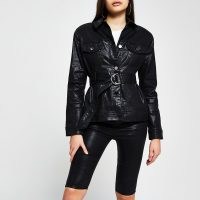 RIVER ISLAND Black coated denim belted jacket ~ fitted jackets