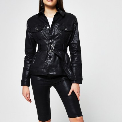 RIVER ISLAND Black coated denim belted jacket ~ fitted jackets - flipped