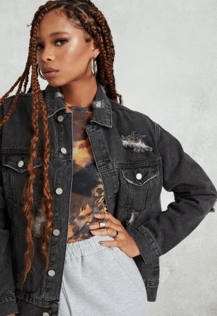 MISSGUIDED black distressed oversized boyfriend denim jacket ~ cool casual style - flipped