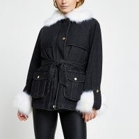 RIVER ISLAND Black faux fur collar and cuff denim jacket / casual fur trimmed jackets