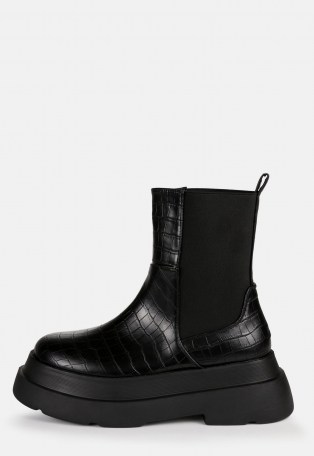 MISSGUIDED black faux leather croc double sole ankle boots ~ chunky crocodile effect footwear - flipped