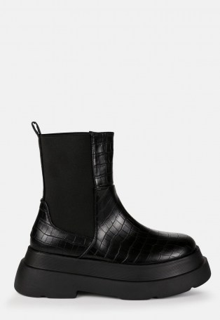 MISSGUIDED black faux leather croc double sole ankle boots ~ chunky crocodile effect footwear