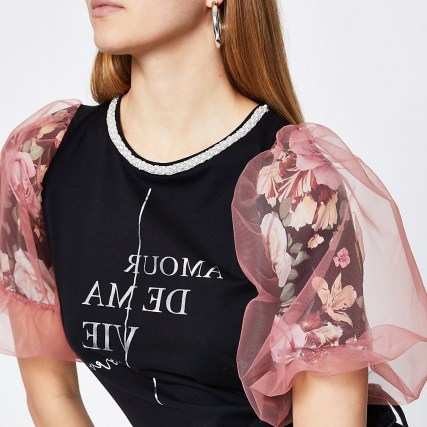 River Island Black floral mesh print short sleeve t-shirt | sheer puffed sleeves - flipped