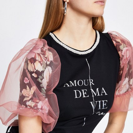 River Island Black floral mesh print short sleeve t-shirt | sheer puffed sleeves