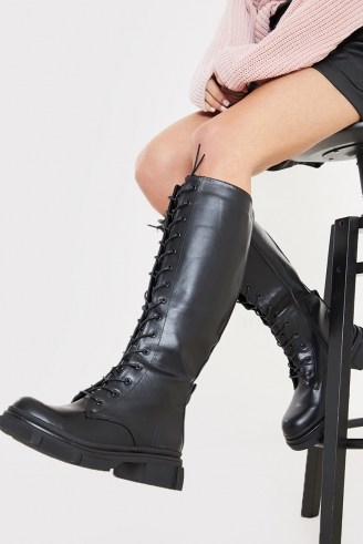 IN THE STYLE BLACK LACE UP KNEE HIGH BIKER BOOTS - flipped