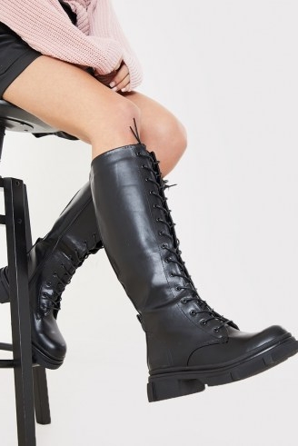 IN THE STYLE BLACK LACE UP KNEE HIGH BIKER BOOTS