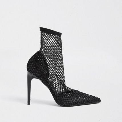 RIVER ISLAND Black mesh embellished ankle boots ~ fishnet stiletto heel boot ~ point toe