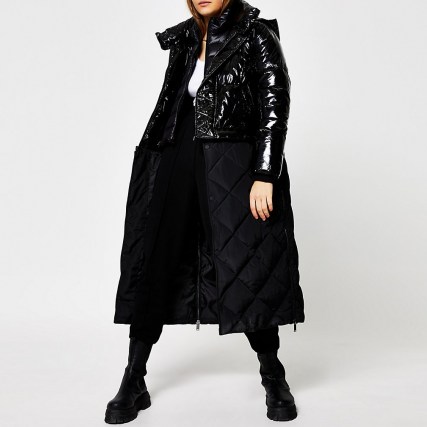 RIVER ISLAND Black patent quilted long line puffer coat ~ padded detachable winter coats - flipped