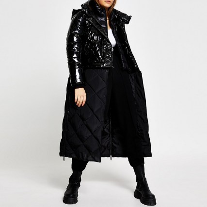 RIVER ISLAND Black patent quilted long line puffer coat ~ padded detachable winter coats