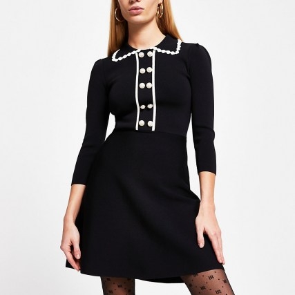 RIVER ISLAND Black polo neck knitted pearl button dress - flipped