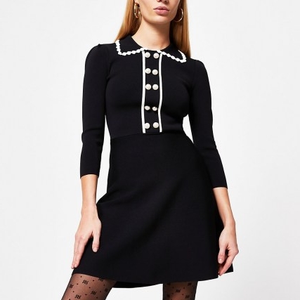 RIVER ISLAND Black polo neck knitted pearl button dress