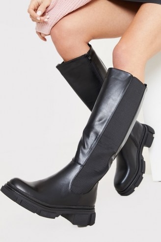 IN THE STYLE BLACK PU CHUNKY SOLE KNEE HIGH BOOTS ~ faux leather footwear - flipped