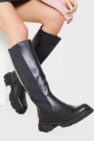 IN THE STYLE BLACK PU CHUNKY SOLE KNEE HIGH BOOTS ~ faux leather footwear