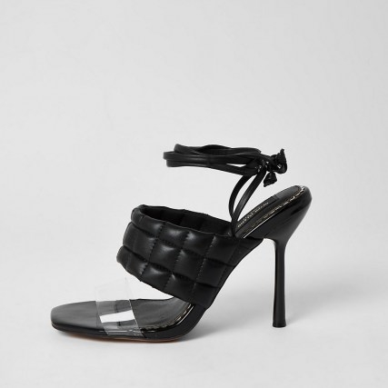 RIVER ISLAND Black wide fit quilted tie up sandal / ankle wrap quilt detail sandals - flipped