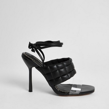 RIVER ISLAND Black wide fit quilted tie up sandal / ankle wrap quilt detail sandals