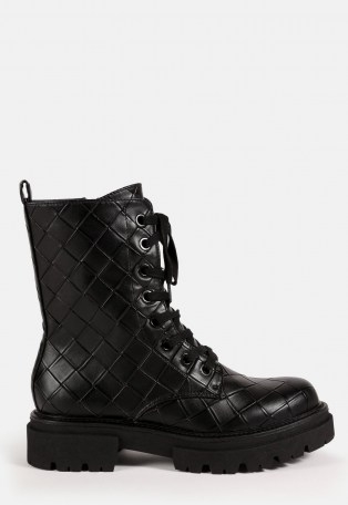 MISSGUIDED black woven faux leather lace up ankle boots - flipped