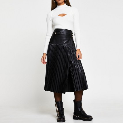 River Island Black wrap front pleated midi skirt