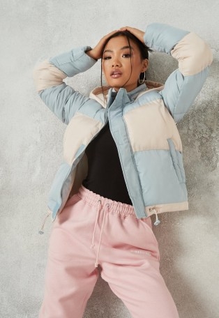 MISSGUIDED blue colourblock hooded puffer jacket ~ padded colour block jackets - flipped