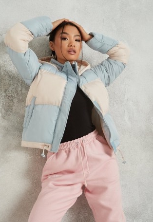 MISSGUIDED blue colourblock hooded puffer jacket ~ padded colour block jackets