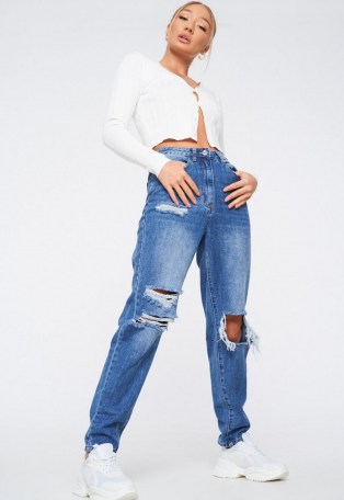 Missguided blue distressed mid wash mom jeans | ripped denim - flipped
