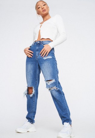 Missguided blue distressed mid wash mom jeans | ripped denim