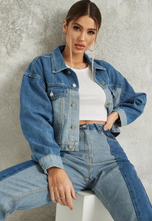 MISSGUIDED blue panelled cropped denim jacket – casual style jackets - flipped