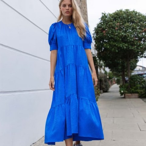 Palones Blue Satin Jacquard Tiered Puff Sleeve Midi Dress - flipped