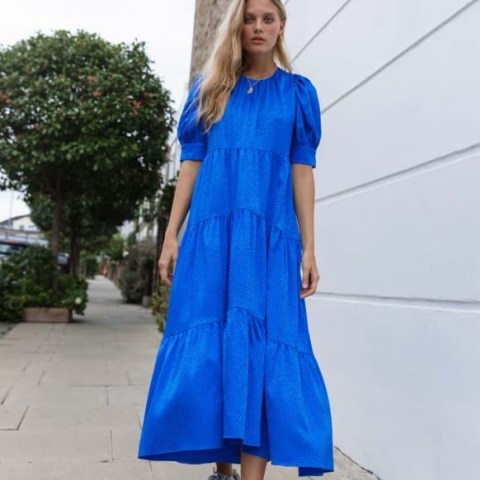 Palones Blue Satin Jacquard Tiered Puff Sleeve Midi Dress