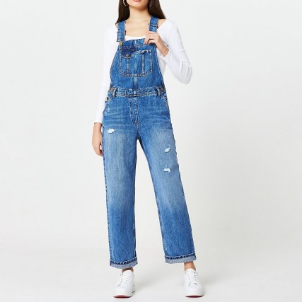 River Island Blue sleeveless rip dungarees | ripped denim overalls - flipped