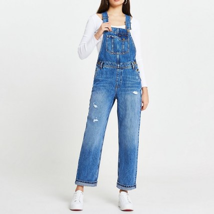 River Island Blue sleeveless rip dungarees | ripped denim overalls