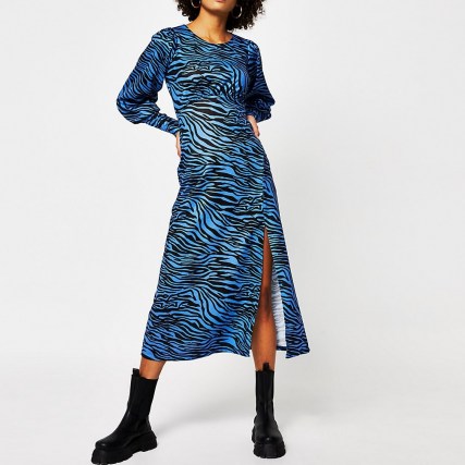 River Island Blue zebra print front split midi dress ~ split hem dresses - flipped