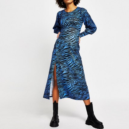 River Island Blue zebra print front split midi dress ~ split hem dresses