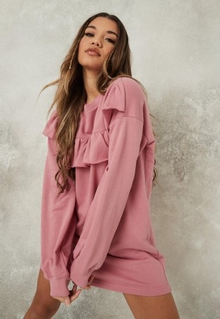MISSGUIDED blush frill shoulder sweater dress – pink ruffled dresses - flipped