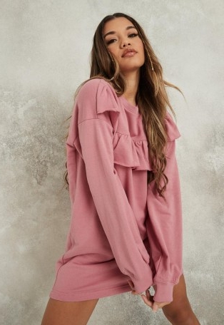 MISSGUIDED blush frill shoulder sweater dress – pink ruffled dresses