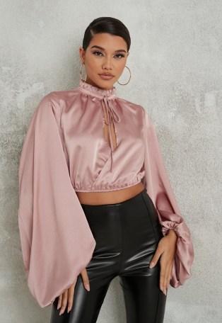 MISSGUIDED blush satin wrap extreme sleeve blouse ~ pink cropped blouses ~ balloon / blouson sleeve tops - flipped