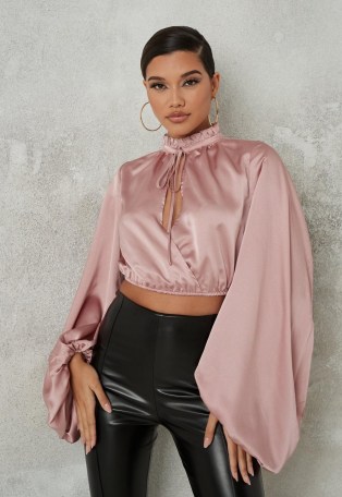 MISSGUIDED blush satin wrap extreme sleeve blouse ~ pink cropped blouses ~ balloon / blouson sleeve tops