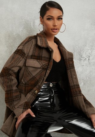 MISSGUIDED brown brushed check shacket ~ oversized checked shackets - flipped