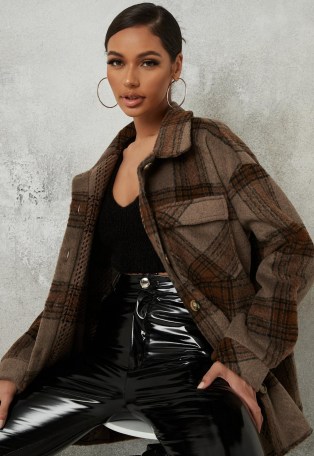 MISSGUIDED brown brushed check shacket ~ oversized checked shackets
