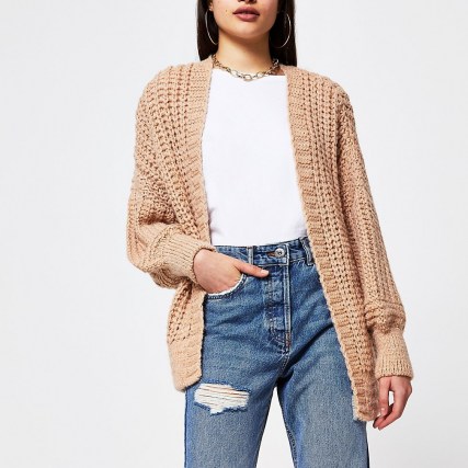 RIVER ISLAND Brown chunky ribbed long sleeve cardigan ~ neutral open front cardigans - flipped