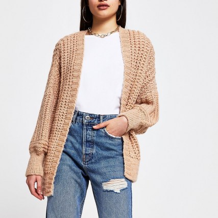 RIVER ISLAND Brown chunky ribbed long sleeve cardigan ~ neutral open front cardigans