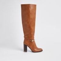 RIVER ISLAND Brown faux leather wood block heel boots