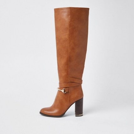 RIVER ISLAND Brown faux leather wood block heel boots - flipped