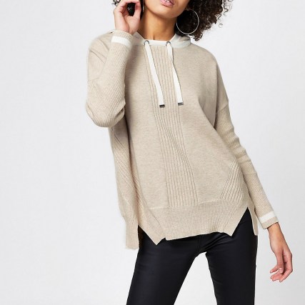 RIVER ISLAND Brown knitted hooded hoodie - flipped