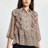 RIVER ISLAND Brown leopard print ruffle shirt top ~ animal print blouse